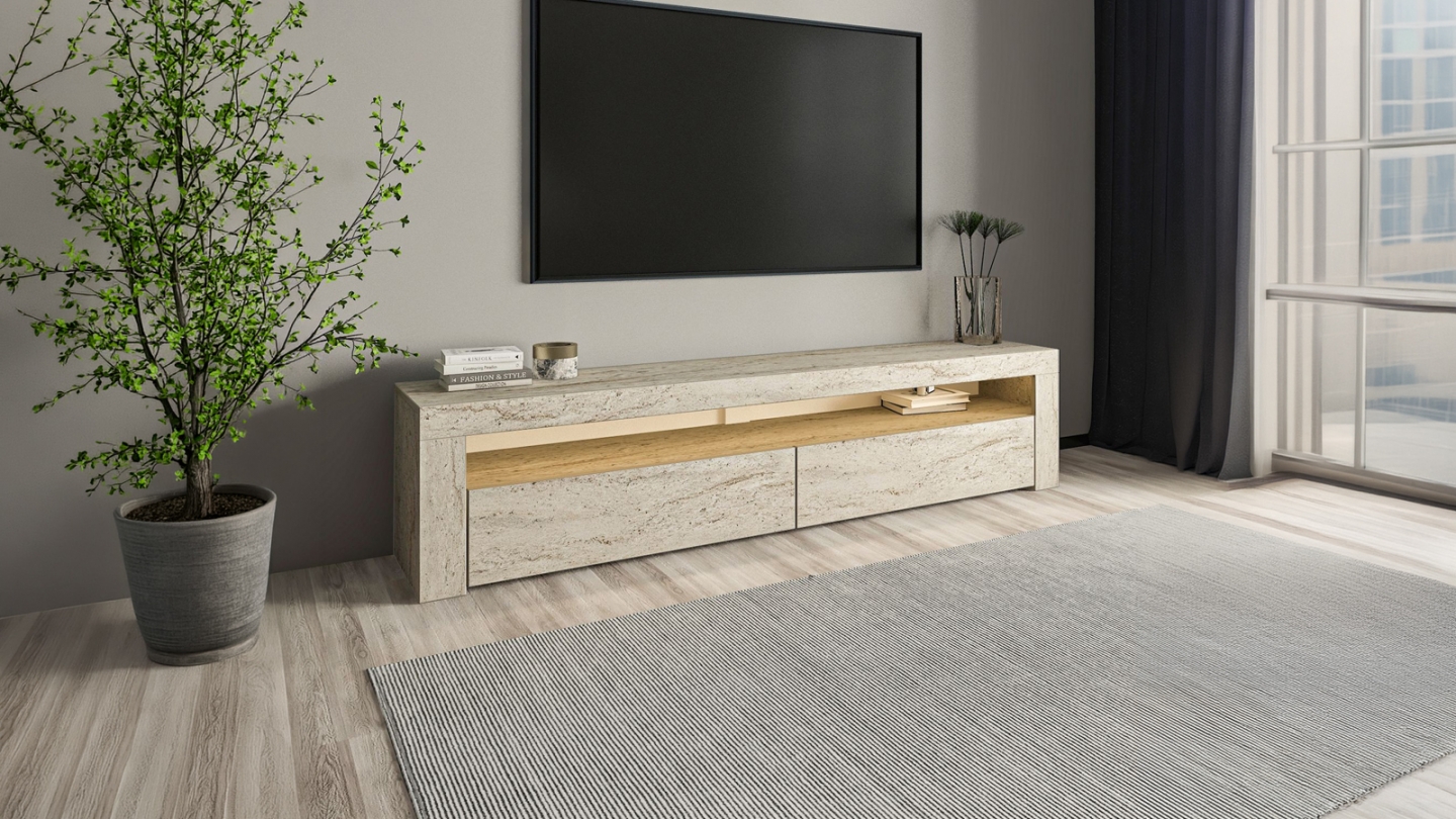 Meuble TV LED 2 portes 1 niche effet travertin 150 cm - Aveiro Meuble TV LED 2 portes 1 niche effet travertin 150 cm - Aveiro