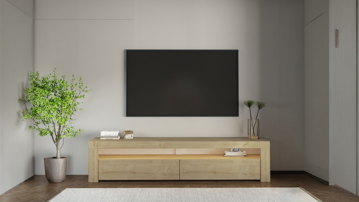 Meuble TV LED 2 portes 1 niche effet chêne clair 150 cm - Aveiro Meuble TV LED 2 portes 1 niche effet chêne clair 150 cm - Aveiro