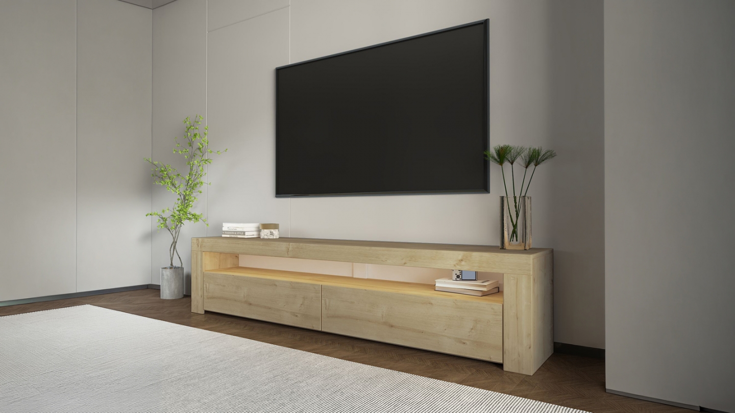 Meuble TV LED 2 portes 1 niche effet chêne clair 150 cm - Aveiro Meuble TV LED 2 portes 1 niche effet chêne clair 150 cm - Aveiro