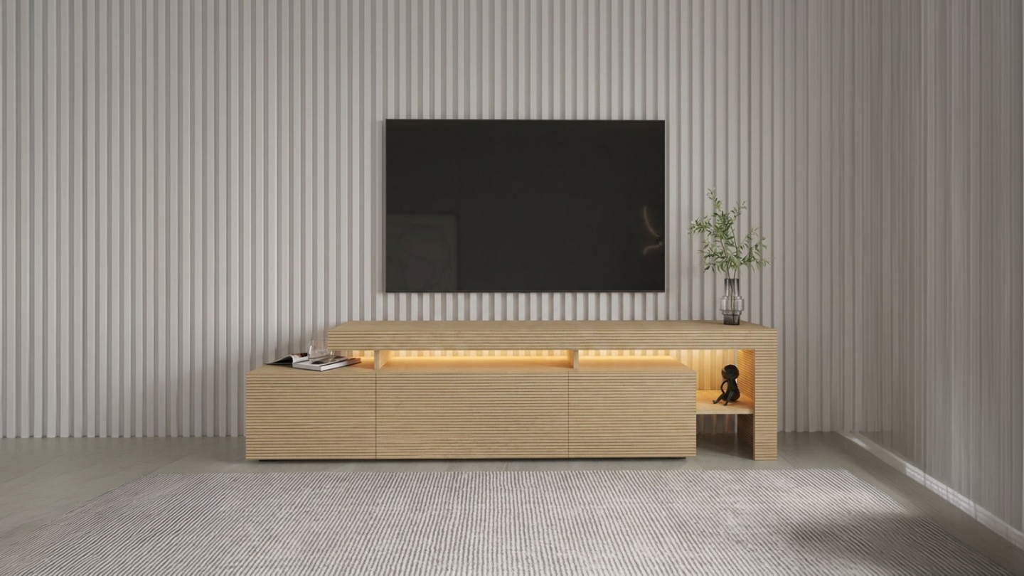 Meuble TV LED 3 portes 4 niches effet chêne 192 cm - Ilia Meuble TV LED 3 portes 4 niches effet chêne 192 cm - Ilia