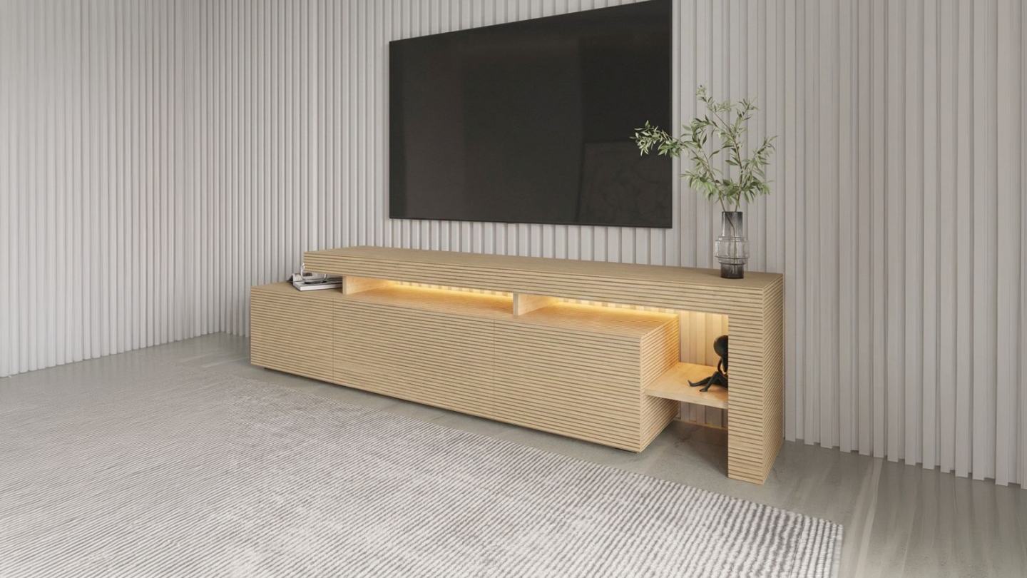 Meuble TV LED 3 portes 4 niches effet chêne 192 cm - Ilia Meuble TV LED 3 portes 4 niches effet chêne 192 cm - Ilia