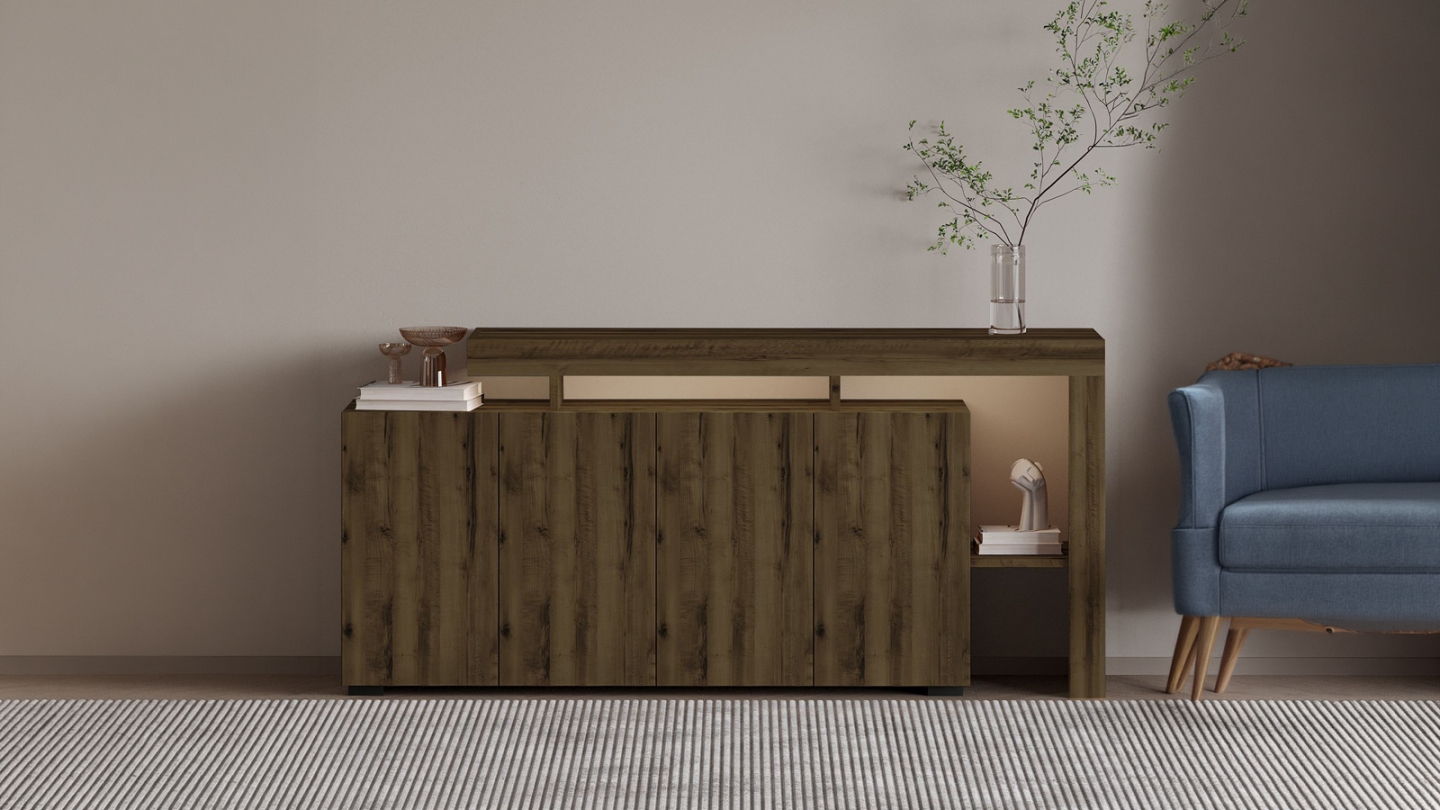 Buffet LED 4 portes 4 niches effet noyer 170 cm - Ilia Buffet LED 4 portes 4 niches effet noyer 170 cm - Ilia