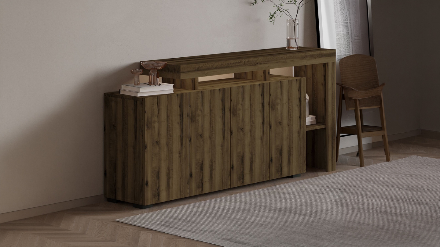 Buffet LED 4 portes 4 niches effet noyer 170 cm - Ilia Buffet LED 4 portes 4 niches effet noyer 170 cm - Ilia