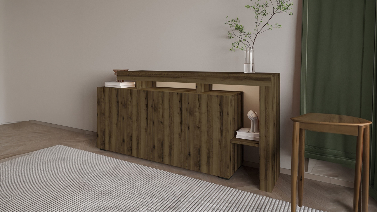 Buffet LED 4 portes 4 niches effet noyer 170 cm - Ilia Buffet LED 4 portes 4 niches effet noyer 170 cm - Ilia