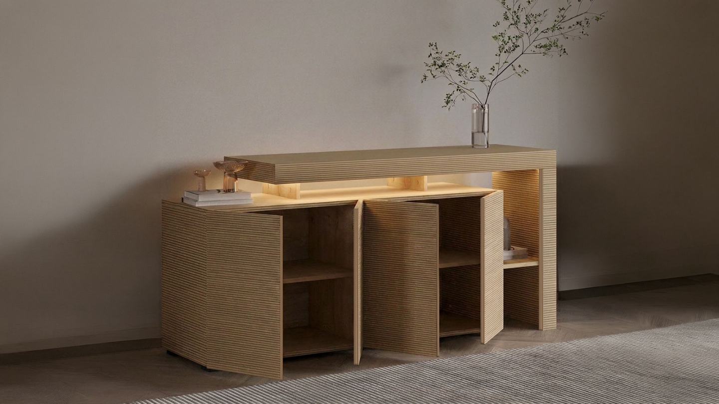 Buffet LED 4 portes 4 niches effet chêne 170 cm - Ilia Buffet LED 4 portes 4 niches effet chêne 170 cm - Ilia