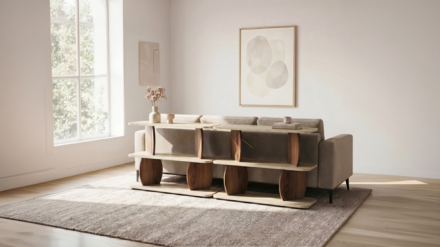 Table d'appoint 2 niches effet travertin et noyer 90 cm - Vero Table d'appoint 2 niches effet travertin et noyer 90 cm - Vero