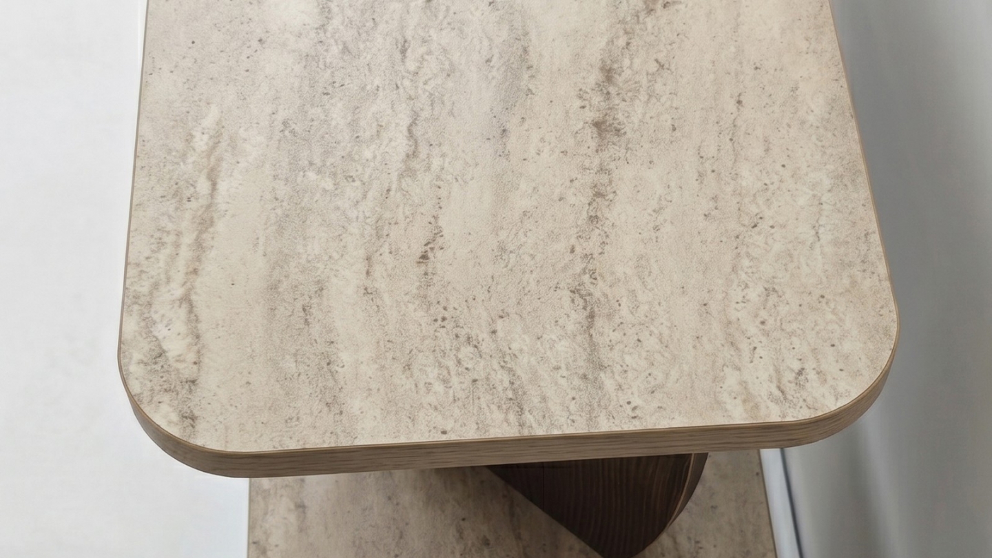 Table d'appoint 2 niches effet travertin et noyer 90 cm - Vero Table d'appoint 2 niches effet travertin et noyer 90 cm - Vero