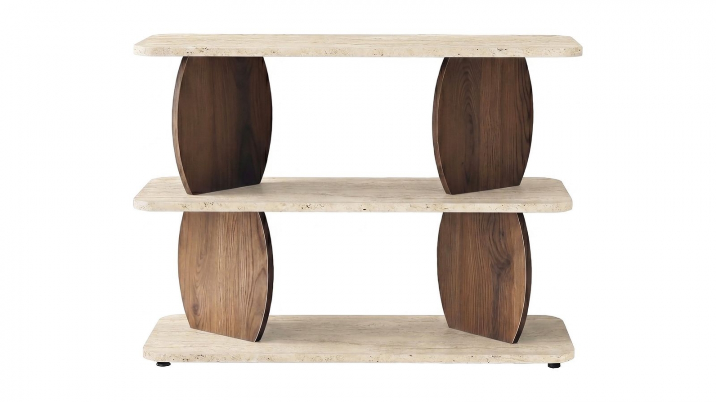 Table d'appoint 2 niches effet travertin et noyer 90 cm - Vero Table d'appoint 2 niches effet travertin et noyer 90 cm - Vero