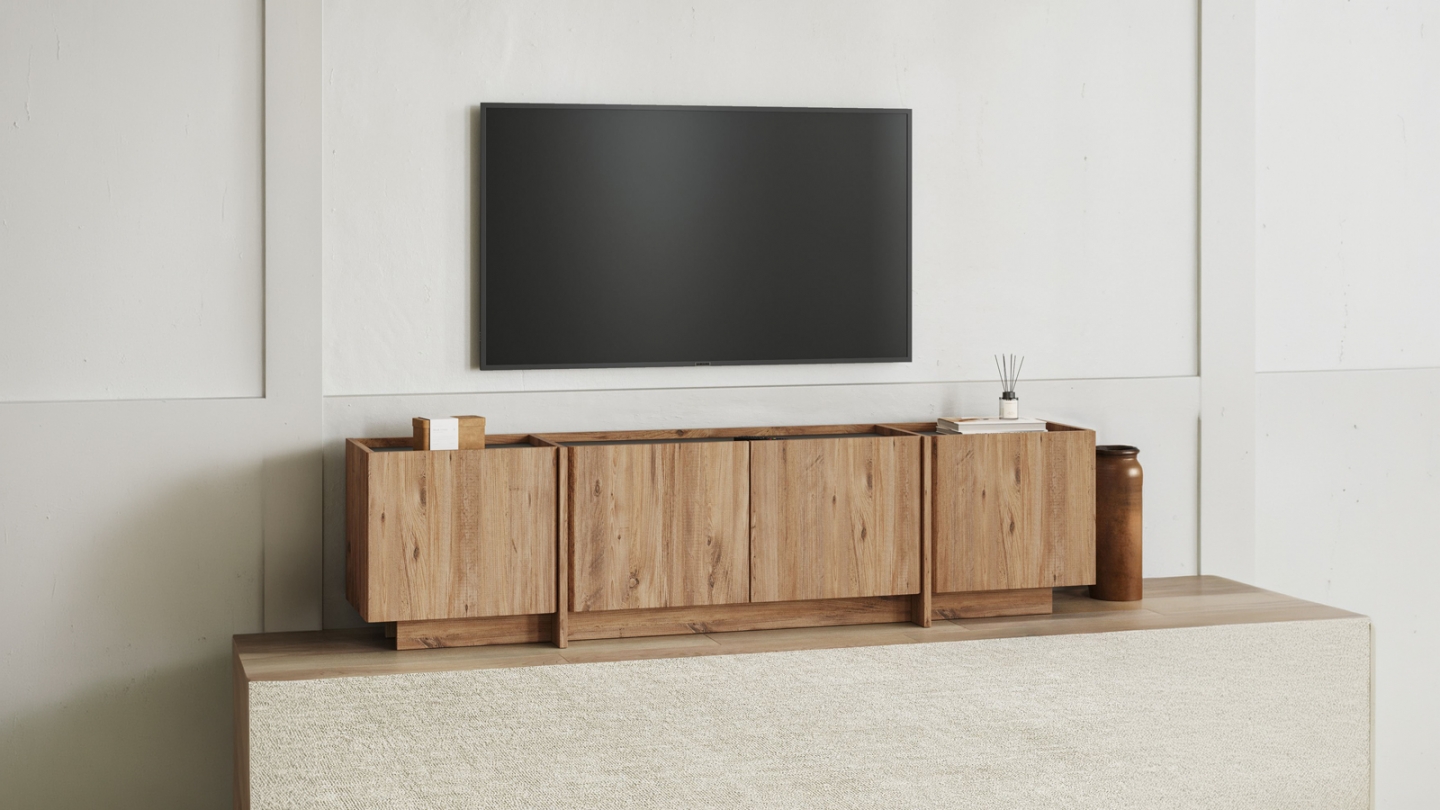 Meuble TV 4 portes effet pin et anthracite 180 cm - Hanao Meuble TV 4 portes effet pin et anthracite 180 cm - Hanao