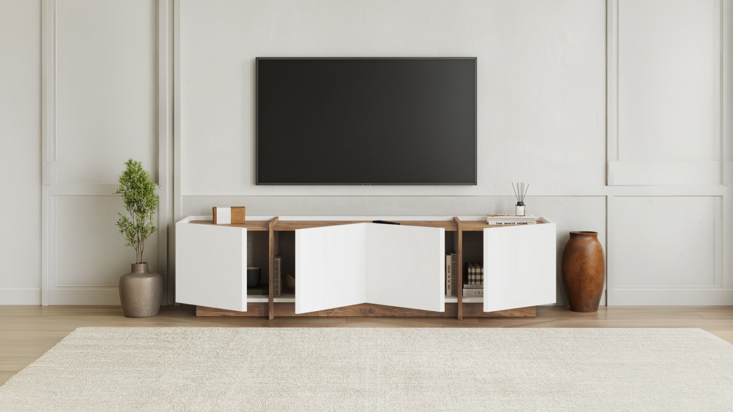 Meuble TV 4 portes effet pin et blanc 180 cm - Hanao Meuble TV 4 portes effet pin et blanc 180 cm - Hanao