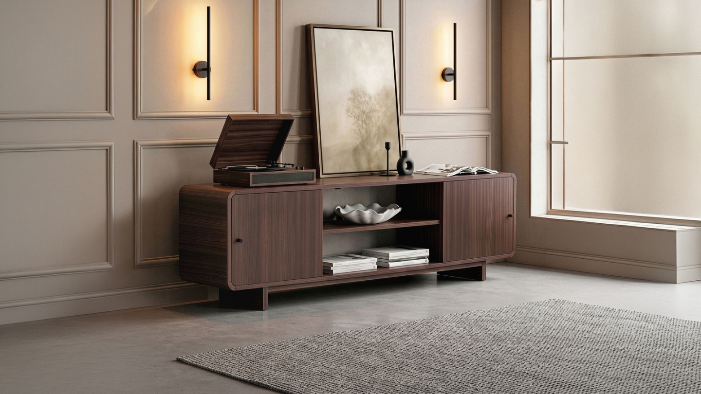 Meuble TV 2 portes 2 niches effet noyer 180 cm - Marno Meuble TV 2 portes 2 niches effet noyer 180 cm - Marno