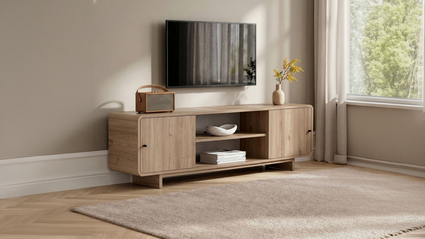 Meuble TV 2 portes 2 niches effet chêne 180 cm - Marno Meuble TV 2 portes 2 niches effet chêne 180 cm - Marno