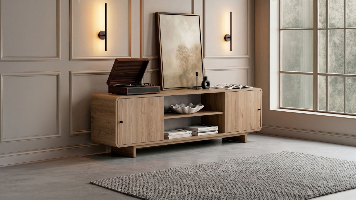 Meuble TV 2 portes 2 niches effet chêne 180 cm - Marno Meuble TV 2 portes 2 niches effet chêne 180 cm - Marno