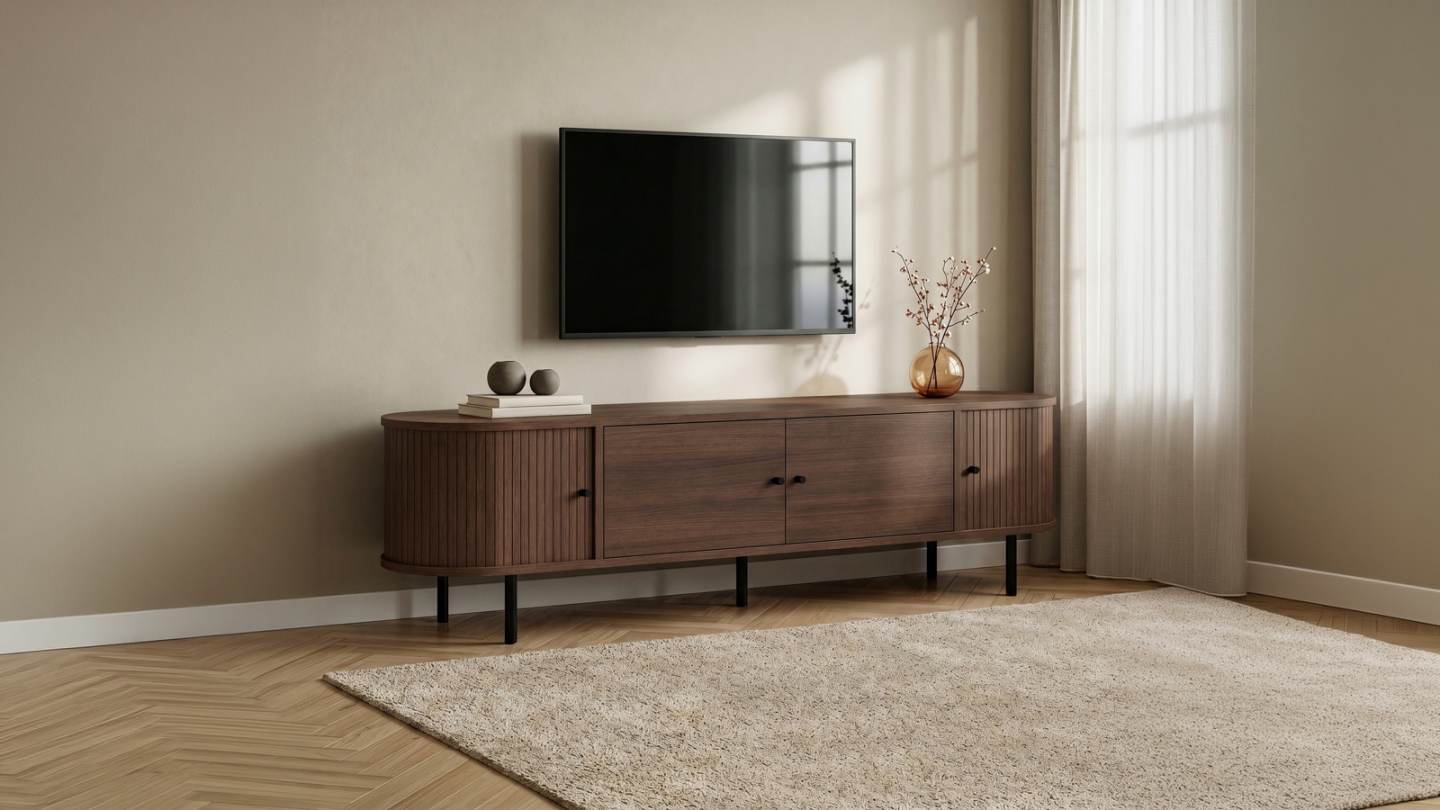 Meuble TV 4 portes effet noyer 180 cm - Enzia Meuble TV 4 portes effet noyer 180 cm - Enzia