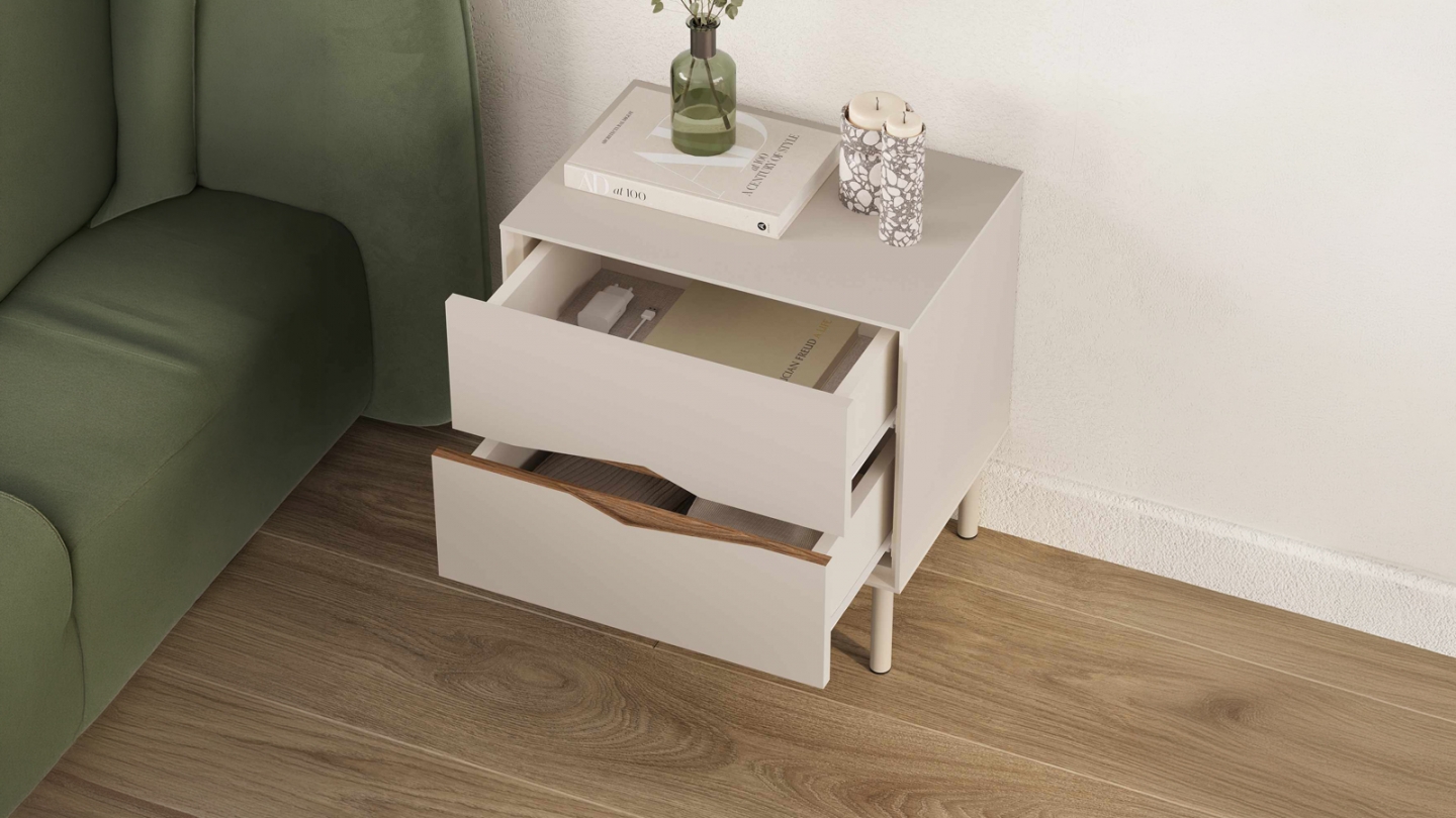 Table de chevet 2 tiroirs effet noyer foncé et beige 50 cm - Kelio Table de chevet 2 tiroirs effet noyer foncé et beige 50 cm - Kelio