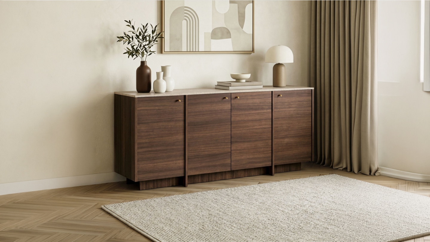 Buffet 4 portes effet travertin et noyer 180 cm - Lorio Buffet 4 portes effet travertin et noyer 180 cm - Lorio