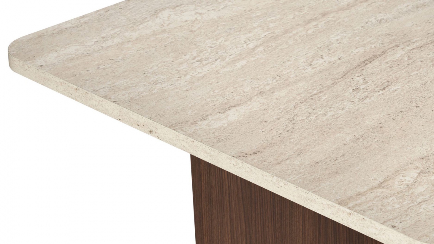 Table à manger effet travertin et noyer 6 convives 180 cm - Golia Table à manger effet travertin et noyer 6 convives 180 cm - Golia