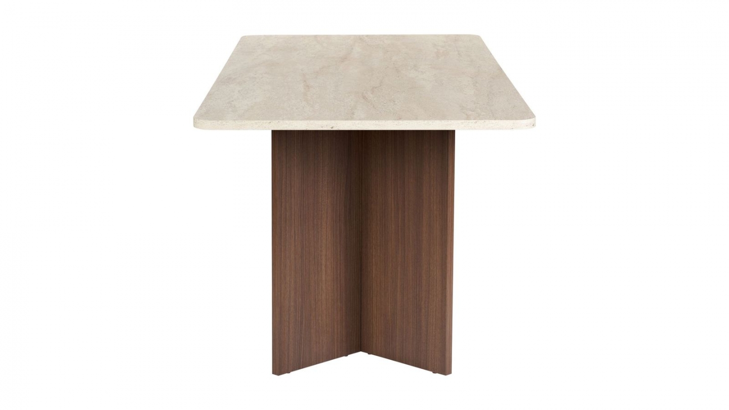 Table à manger effet travertin et noyer 6 convives 180 cm - Golia Table à manger effet travertin et noyer 6 convives 180 cm - Golia