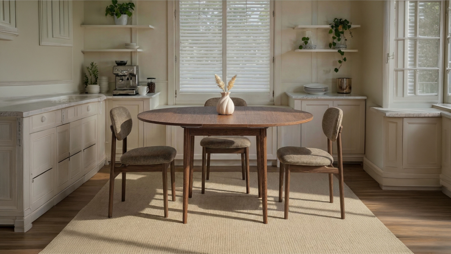 Table à manger extensible ronde effet noyer foncé 4 convives 100/131 cm - Marea Table à manger extensible ronde effet noyer foncé 4 convives 100/131 cm - Marea