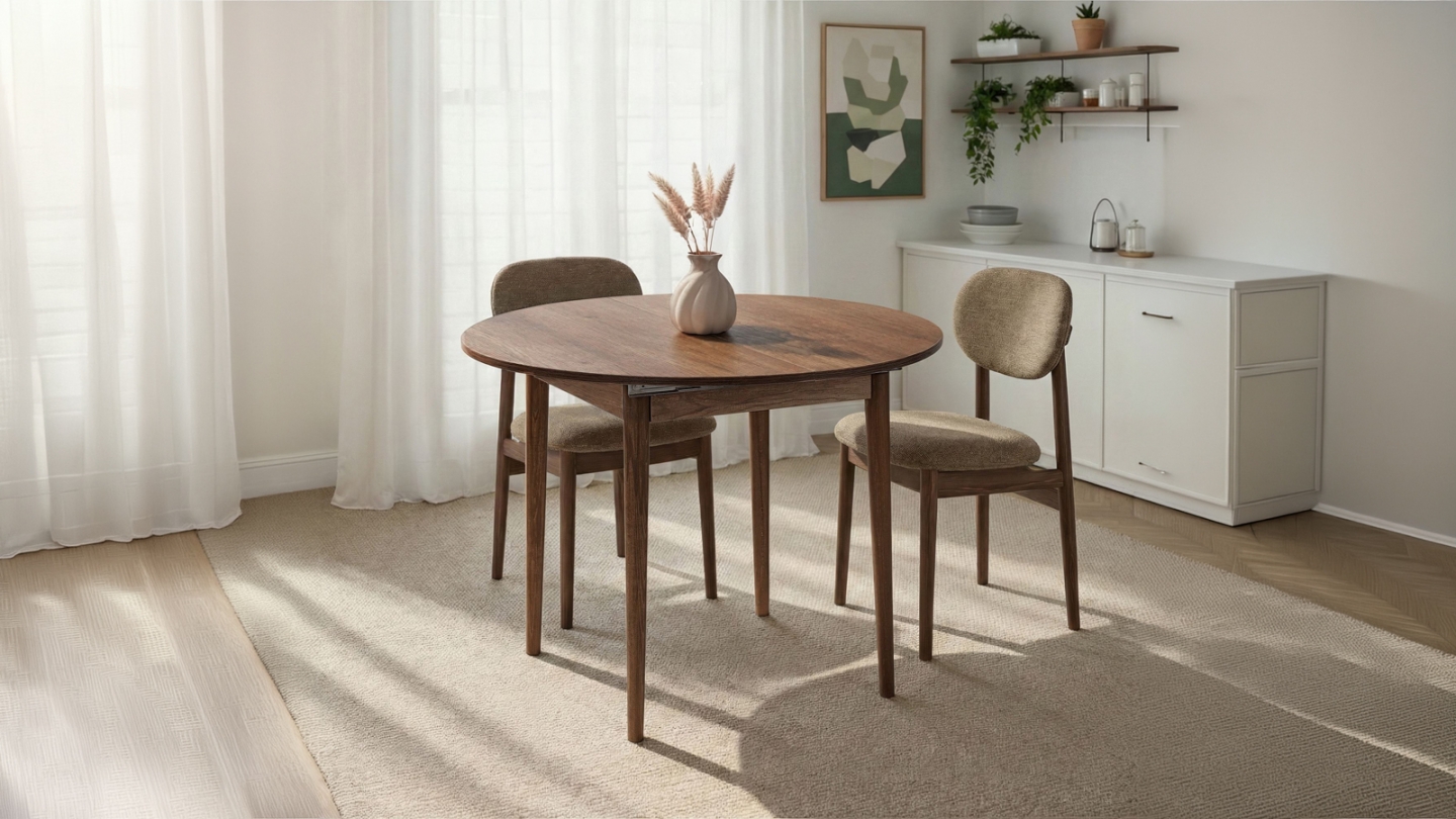 Table à manger extensible ronde effet noyer foncé 4 convives 100/131 cm - Marea Table à manger extensible ronde effet noyer foncé 4 convives 100/131 cm - Marea
