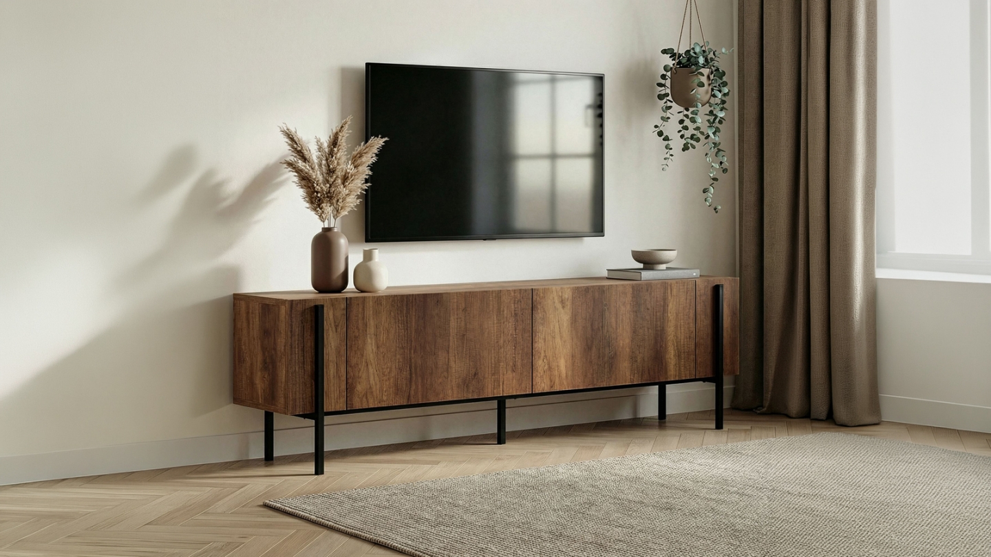 Meuble TV 2 portes effet noyer foncé et noir 180 cm - Orano Meuble TV 2 portes effet noyer foncé et noir 180 cm - Orano