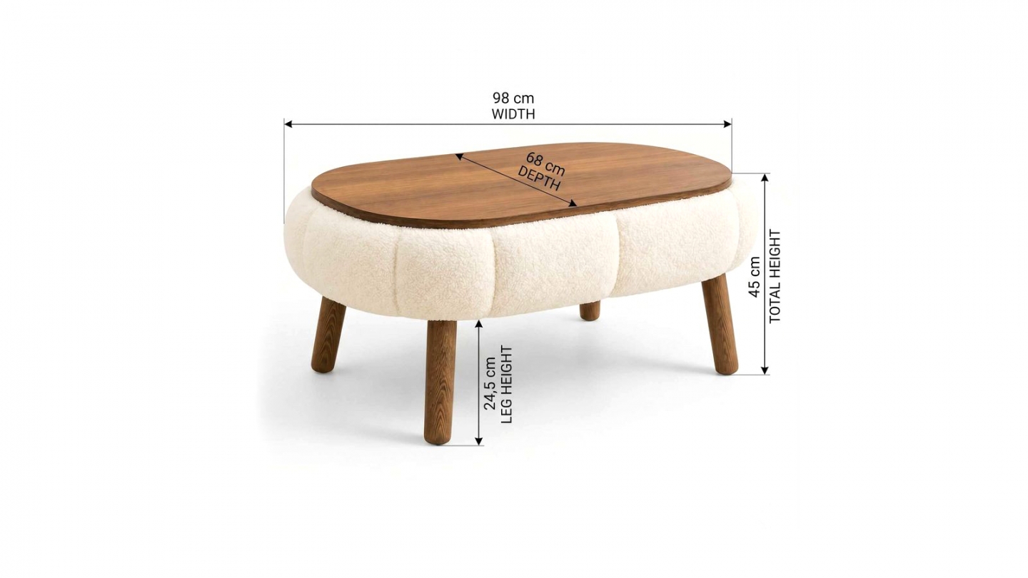 Table basse ovale en tissu teddy blanc 98 cm - Ronia Table basse ovale en tissu teddy blanc 98 cm - Ronia