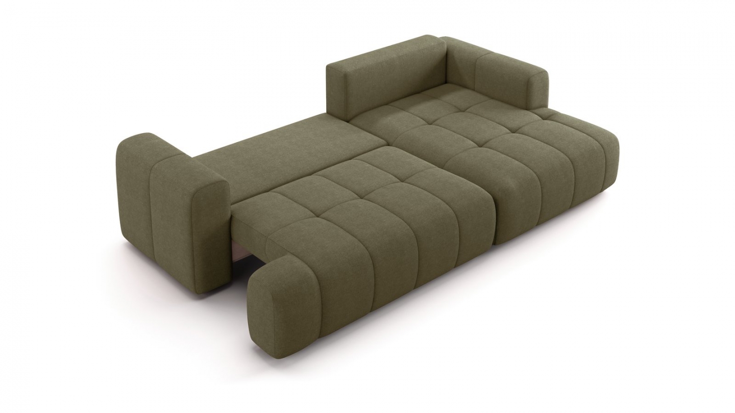 Canapé d'angle à droite convertible 4 places en tissu chenille vert olive - ouverture rapide - Karl Canapé d'angle à droite convertible 4 places en tissu chenille vert olive - ouverture rapide - Karl
