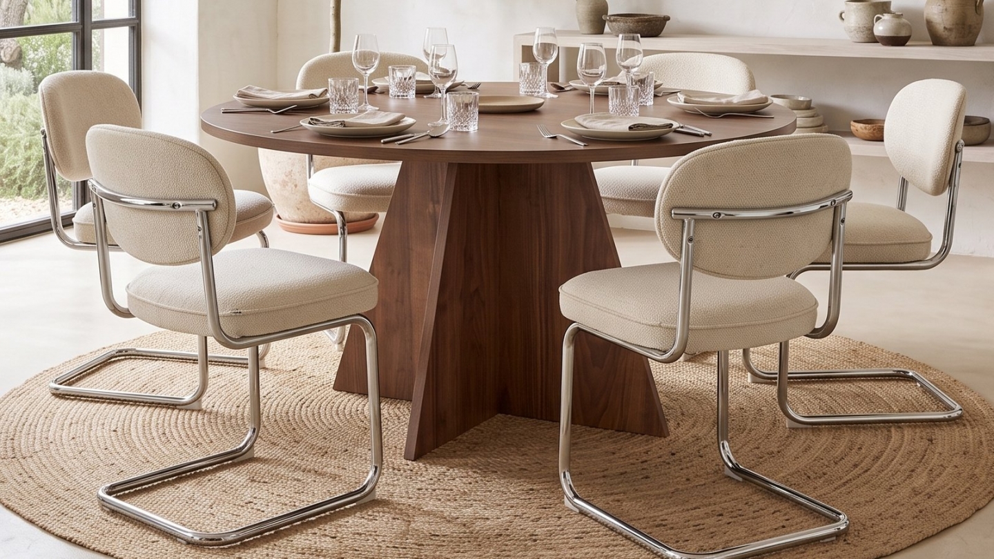 Table à manger ronde effet Noyer 5 à 6 pers. Ø120 cm - Norae Table à manger ronde effet Noyer 5 à 6 pers. Ø120 cm - Norae