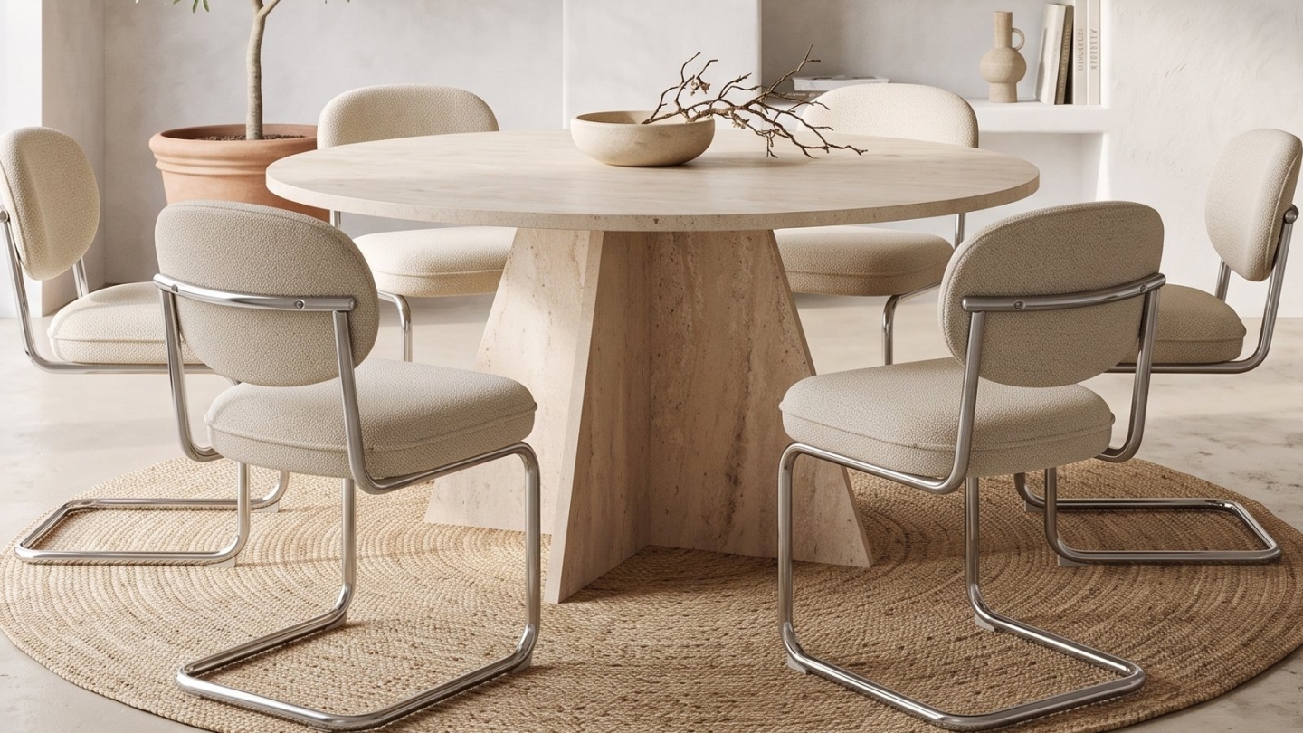 Table à manger ronde effet travertin 5 à 6 pers. Ø120 cm - Norae Table à manger ronde effet travertin 5 à 6 pers. Ø120 cm - Norae