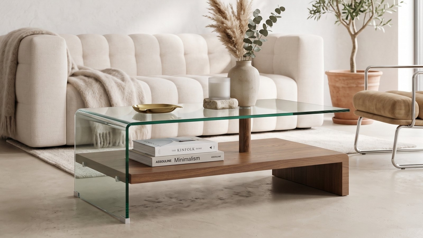 Table basse rectangulaire en verre trempé avec étagère effet noyer 110 cm - Valko Table basse rectangulaire en verre trempé avec étagère effet noyer 110 cm - Valko