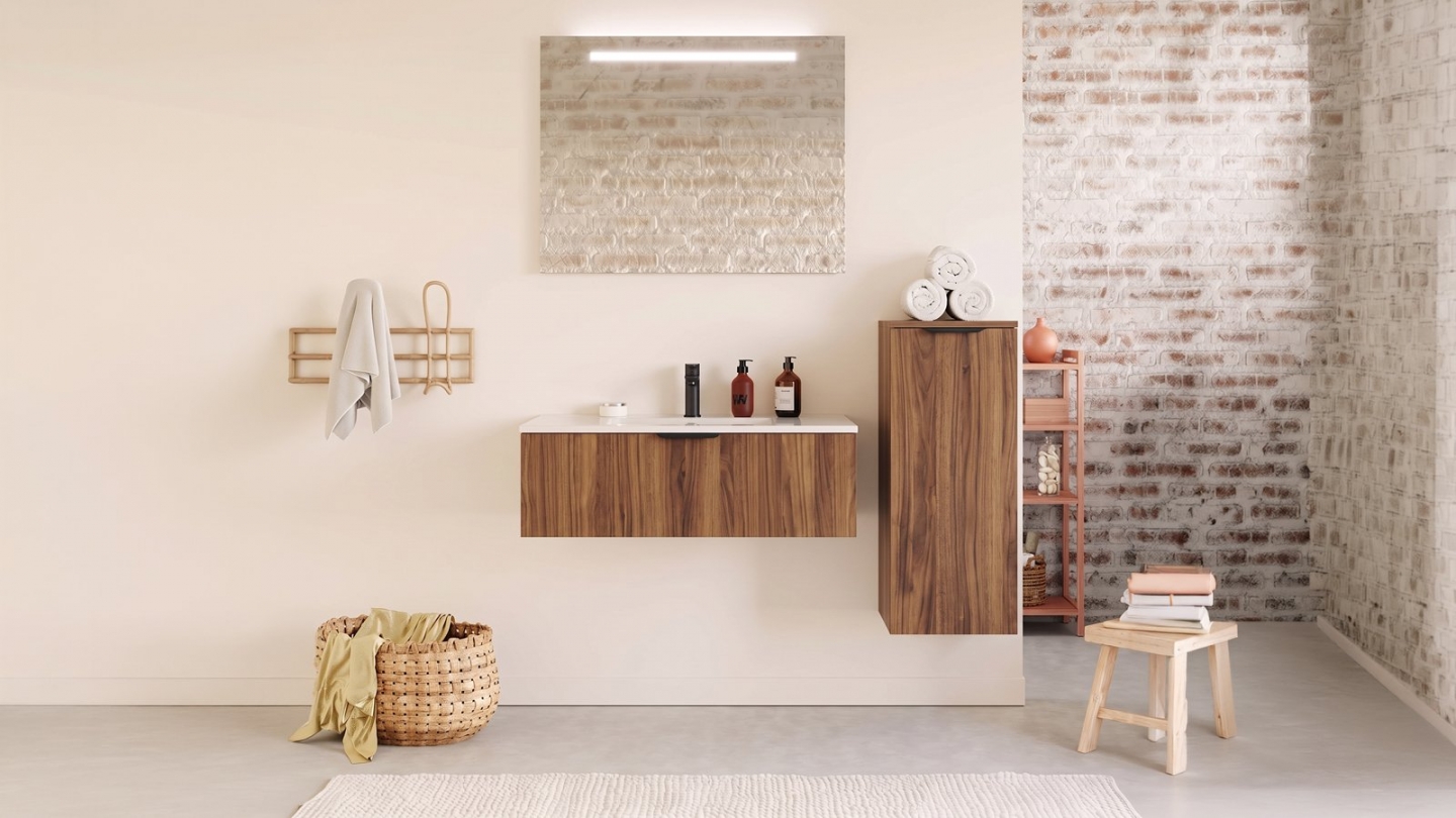 Meuble de salle de bain suspendu vasque intégrée 90cm 1 tiroir Noyer - Venice Meuble de salle de bain suspendu vasque intégrée 90cm 1 tiroir Noyer - Venice