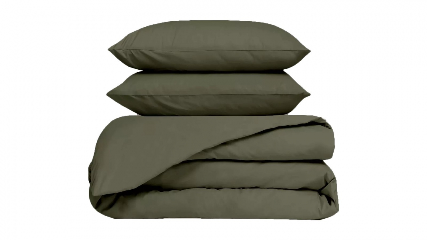 Ensemble Housse de couette & 2 taies d'oreiller en percale de coton kaki 240x220 cm - Venezia Ensemble Housse de couette & 2 taies d'oreiller en percale de coton kaki 240x220 cm - Venezia