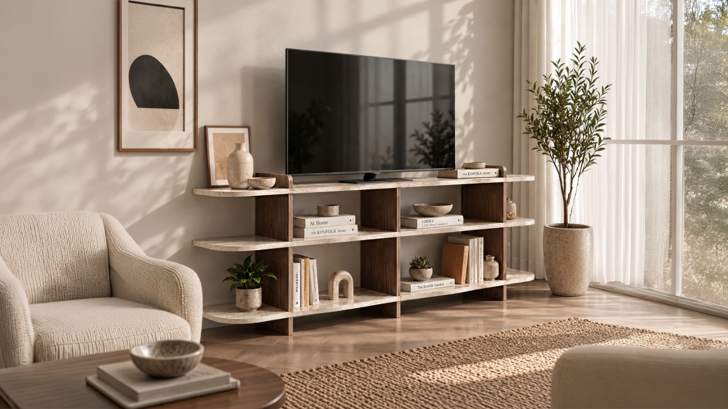 Console 8 niches effet travertin et noyer 170 cm - Belra Console 8 niches effet travertin et noyer 170 cm - Belra