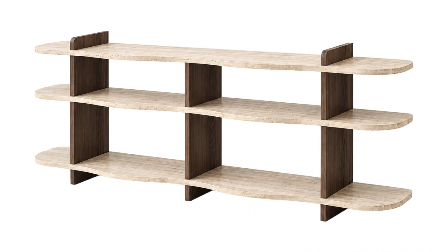 Console 8 niches effet travertin et noyer 170 cm - Belra Console 8 niches effet travertin et noyer 170 cm - Belra