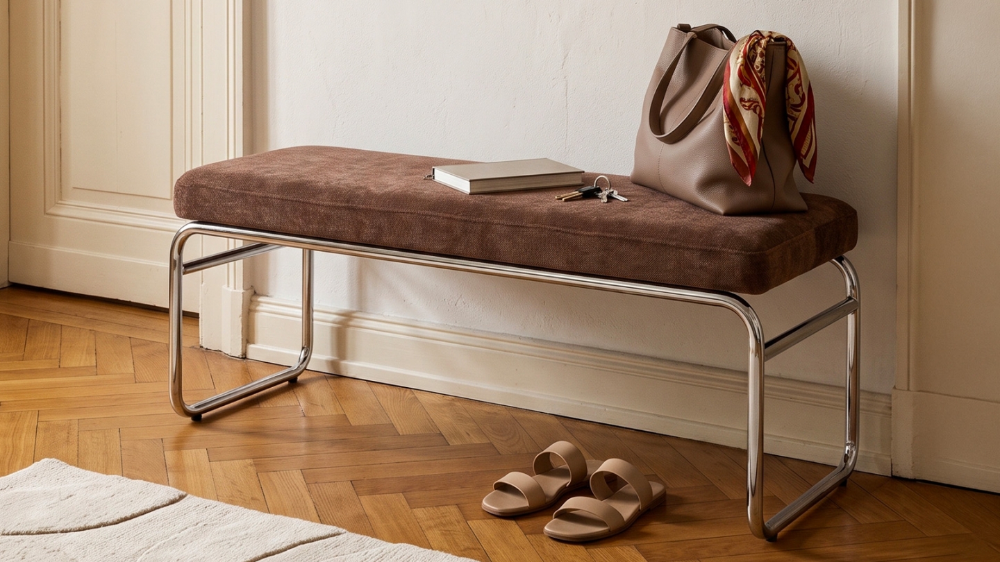 Banc en tissu chenille marron et métal chromé 130 cm - Garett Banc en tissu chenille marron et métal chromé 130 cm - Garett