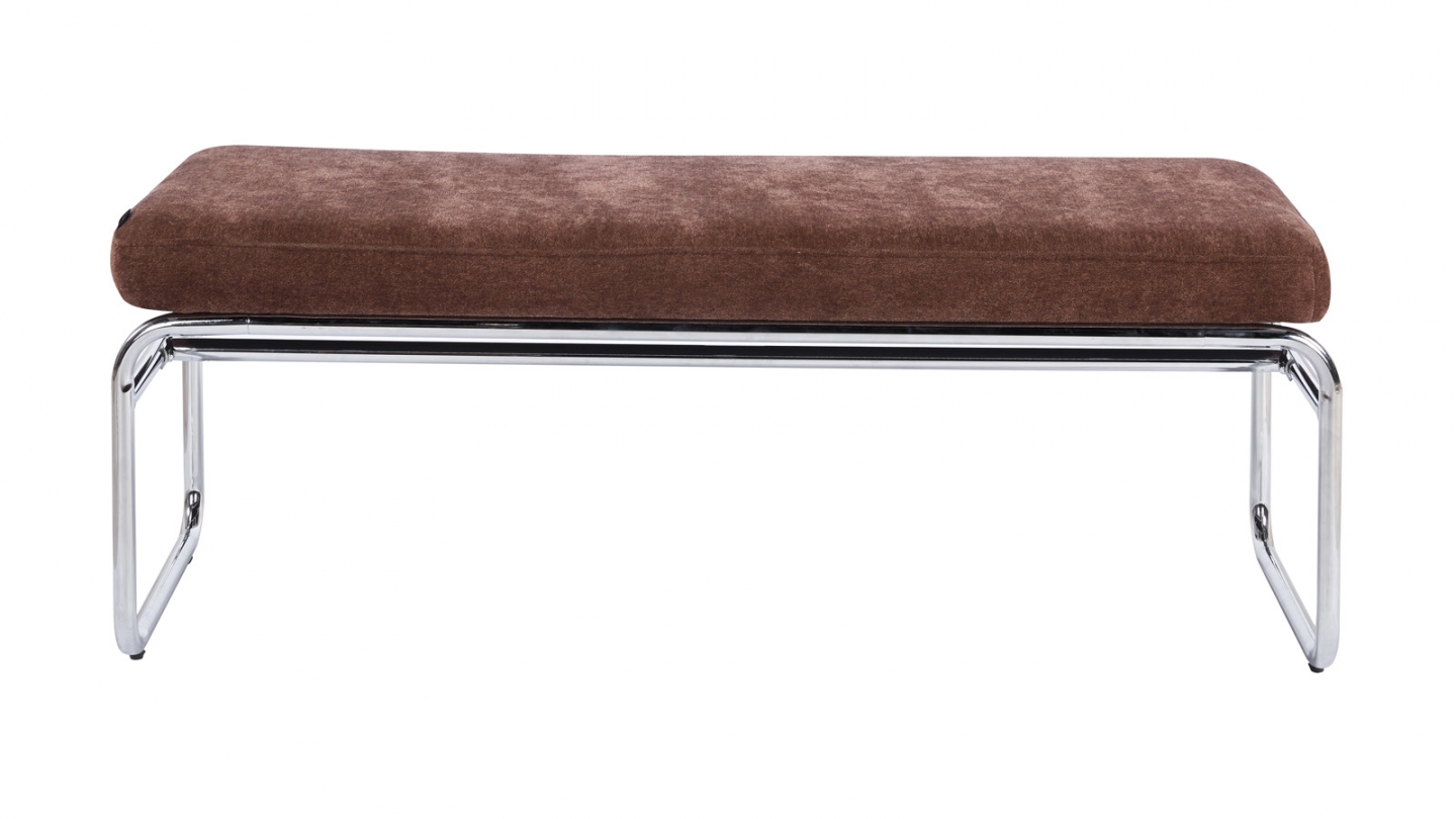 Banc en tissu chenille marron et métal chromé 130 cm - Garett Banc en tissu chenille marron et métal chromé 130 cm - Garett