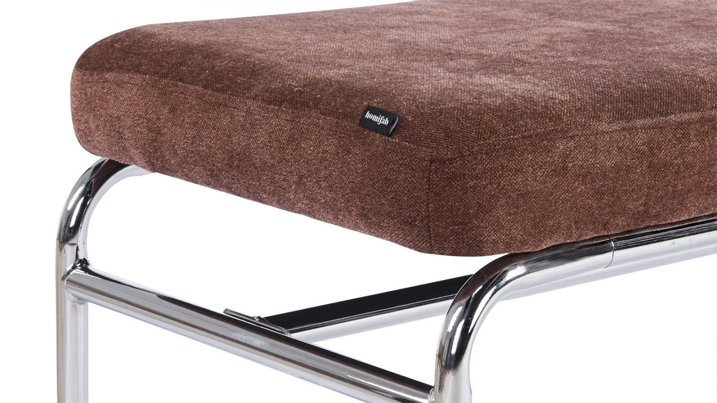 Banc en tissu chenille marron et métal chromé 130 cm - Garett Banc en tissu chenille marron et métal chromé 130 cm - Garett