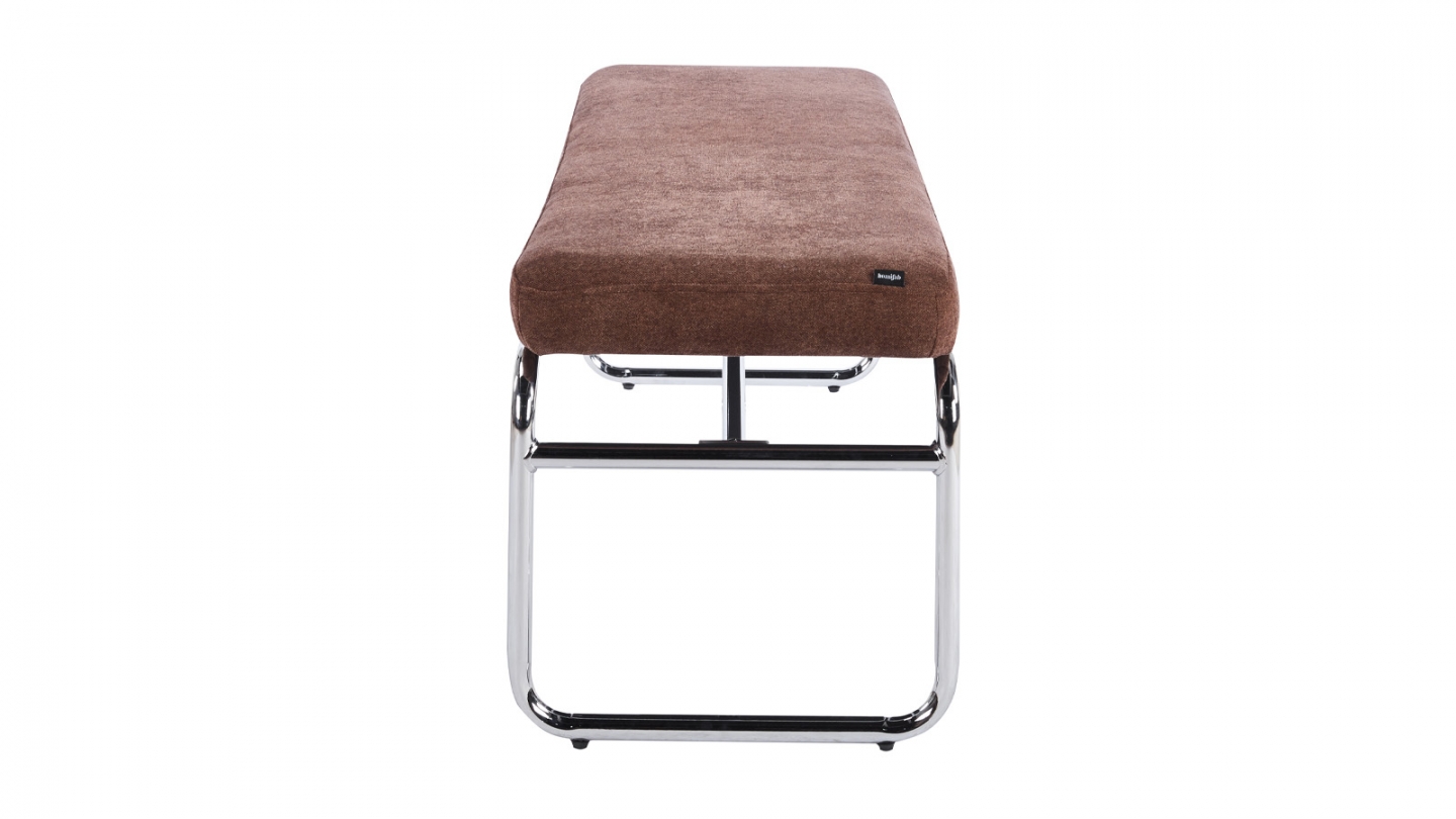 Banc en tissu chenille marron et métal chromé 130 cm - Garett Banc en tissu chenille marron et métal chromé 130 cm - Garett