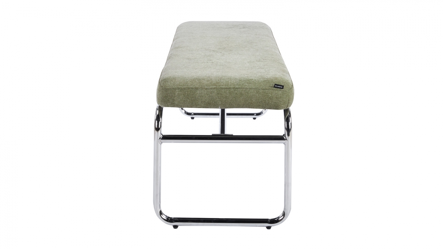 Banc en tissu chenille vert olive et métal chromé 130 cm - Garett Banc en tissu chenille vert olive et métal chromé 130 cm - Garett