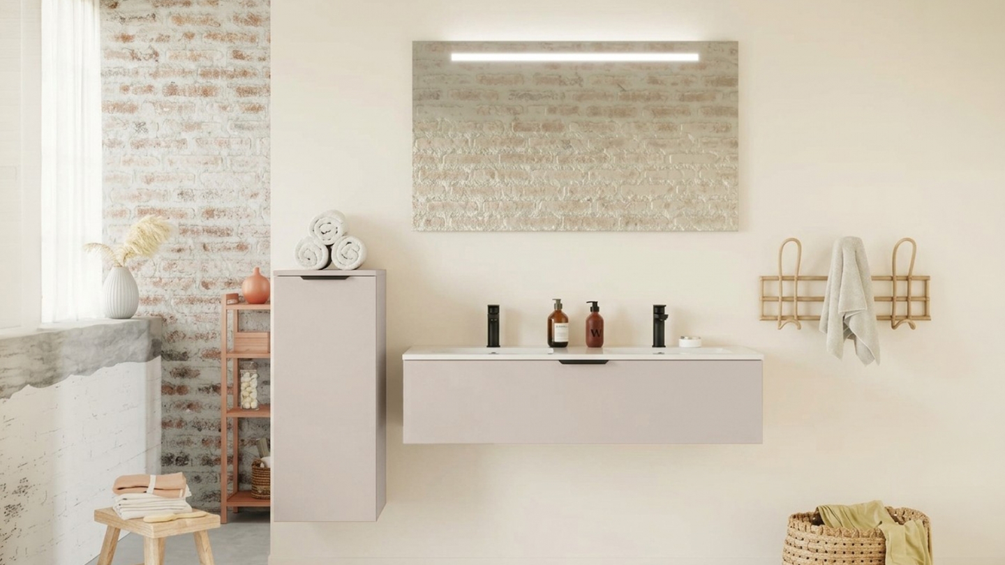 Meuble de salle de bain suspendu vasque intégrée 90cm 1 tiroir Beige - Venice Meuble de salle de bain suspendu vasque intégrée 90cm 1 tiroir Beige - Venice