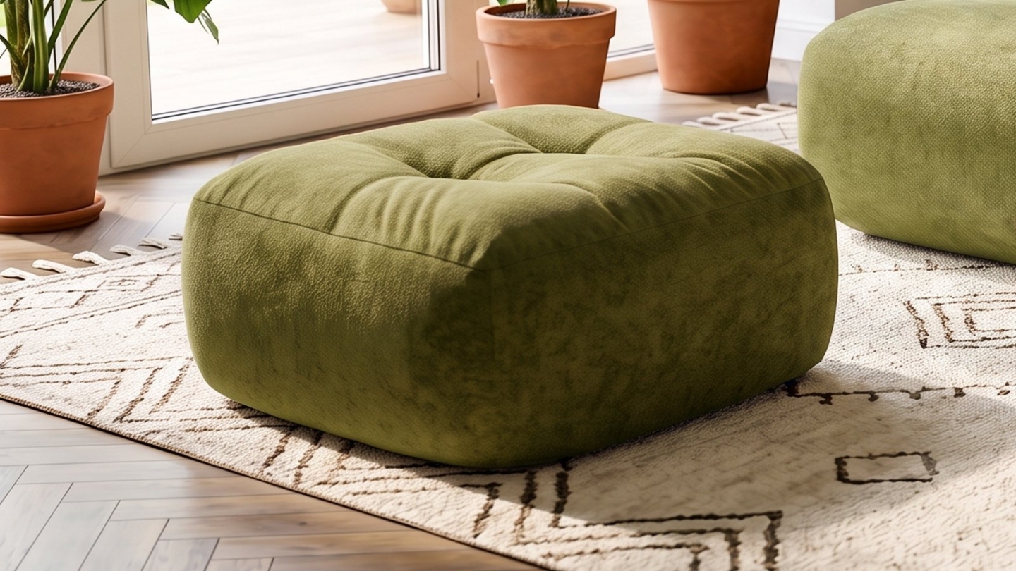 Pouf compressé en tissu chenille vert kaki - Nido Pouf compressé en tissu chenille vert kaki - Nido