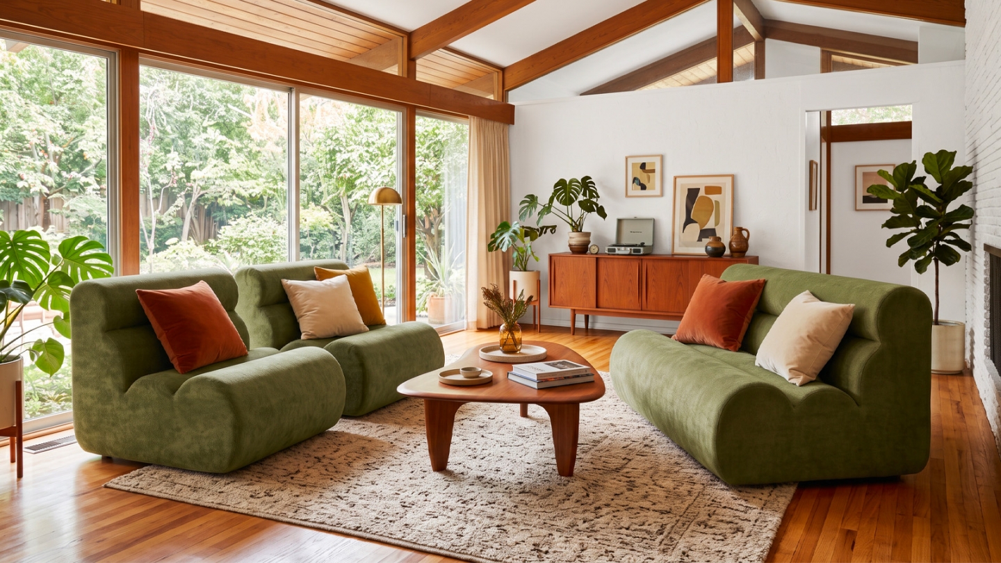 Ensemble chauffeuses + banquette modulables 4 places en tissu chenille vert kaki - Billie Ensemble chauffeuses + banquette modulables 4 places en tissu chenille vert kaki - Billie