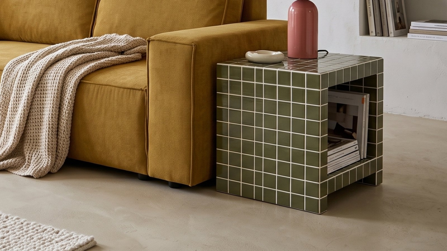 Bout de canapé cubique avec niche effet mosaïque vert olive 40 cm - Ibiza Bout de canapé cubique avec niche effet mosaïque vert olive 40 cm - Ibiza