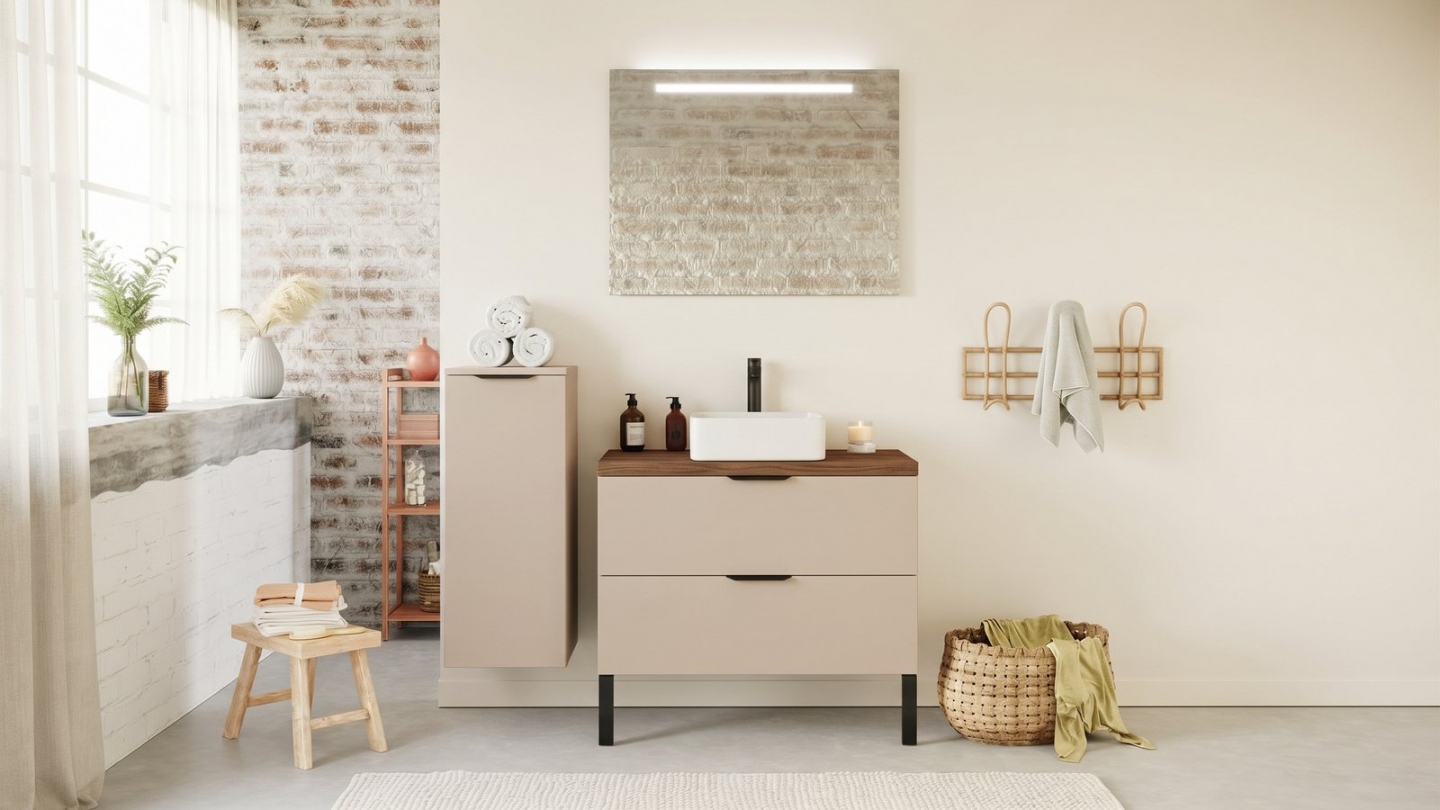 Meuble de salle de bain suspendu vasque à poser 90cm 2 tiroirs Beige - Venice Meuble de salle de bain suspendu vasque à poser 90cm 2 tiroirs Beige - Venice