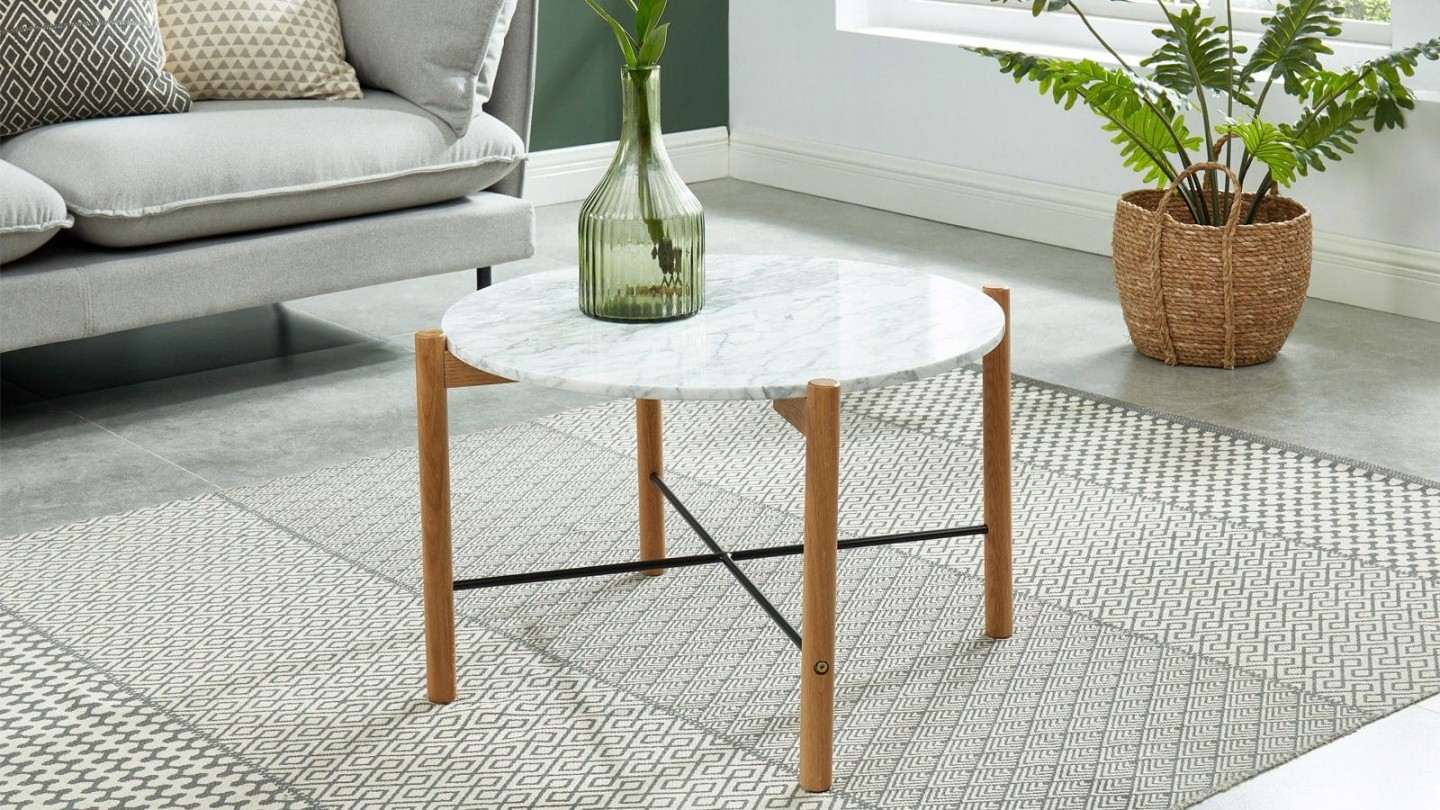 Table basse ronde 60 cm en marbre blanc et pieds en chêne- Collection Anna