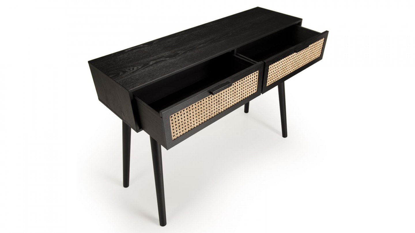 Console 2 tiroirs en bois noir et rotin - Collection Angelo