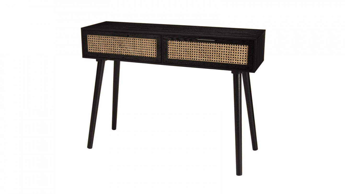 Console 2 tiroirs en bois noir et rotin - Collection Angelo