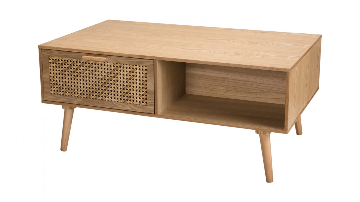 Table basse 2 tiroirs 2 niche en bois naturel et rotin - Collection Rodrigo