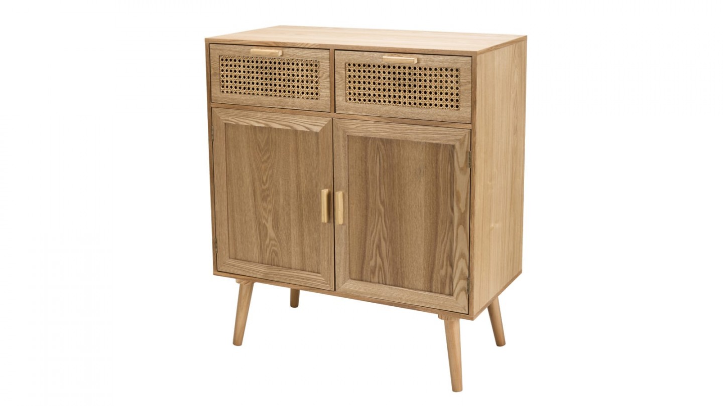 Buffet en bois naturel 2 portes 2 tiroirs en rotin - Collection Rodrigo