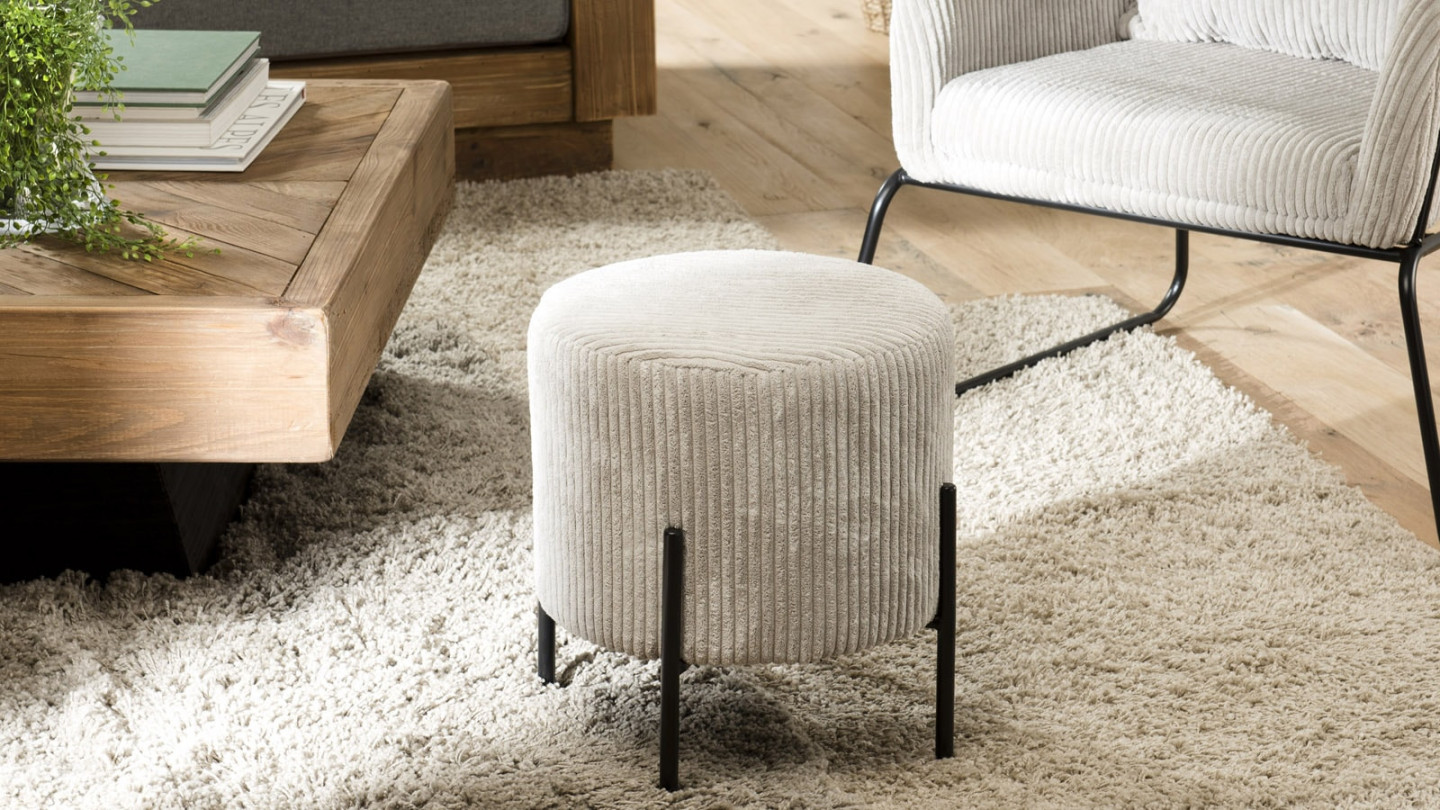 Tabouret rond en velours côtelé gris perle piètement métal - Collection Agathe